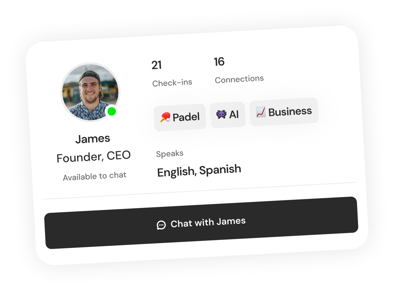 James - Founder, CEO profile card showing 21 check-ins and 16 connections